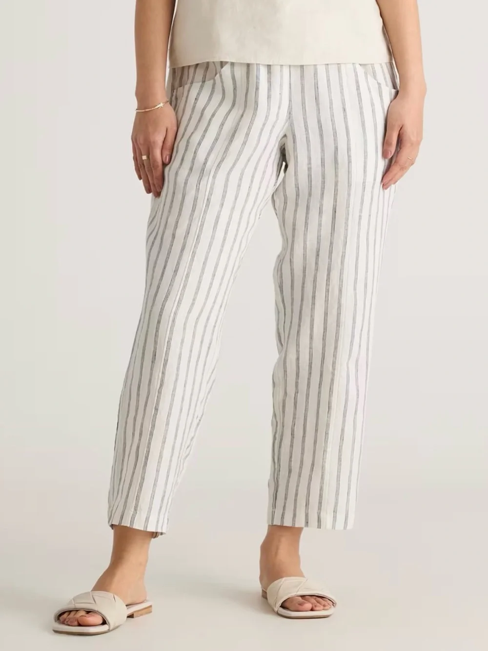 Quince 100% European Linen Stripe Pull-On Pants White Black XS Coastal